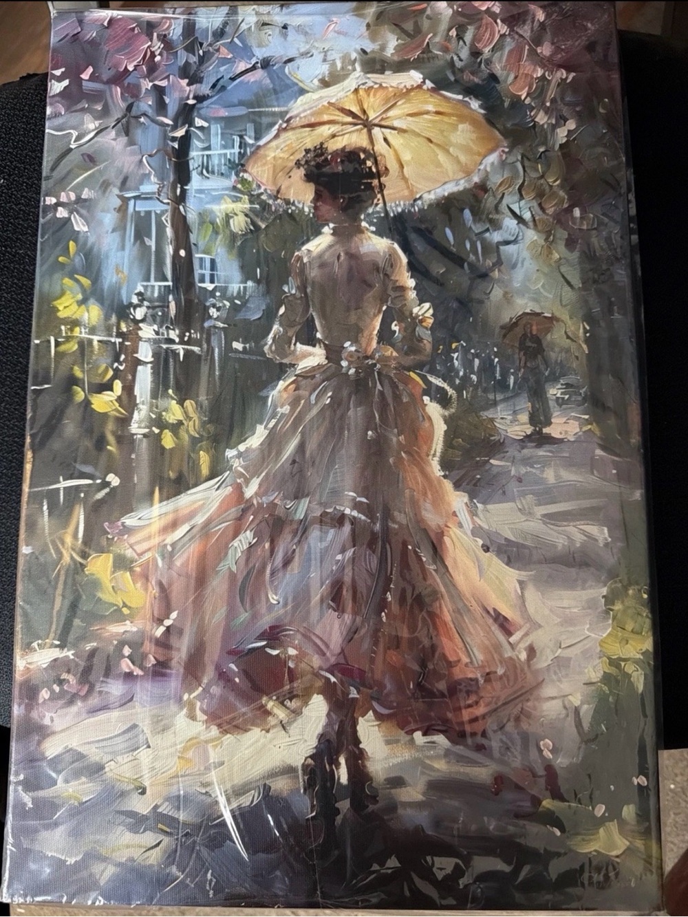 Framed Woman with Umbrella Canvas Art - Pink and Yellow Tones